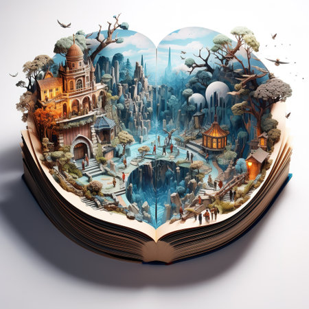 Open book with fantasy landscape on white background. 3D illustration.の素材