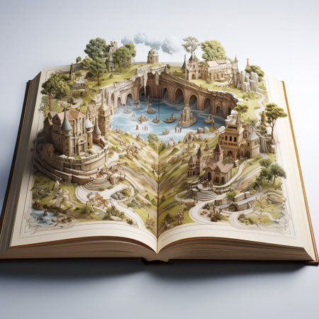 Open book with fairy tale of water park. 3d illustration.の素材