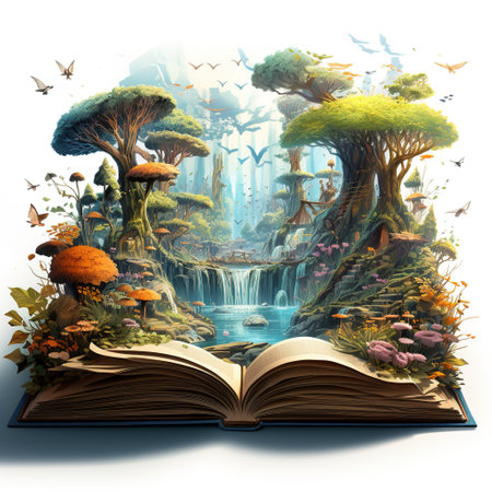 Open book with fantasy landscape and waterfall. 3d render illustration.の素材