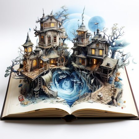 Fantasy book with fantasy wooden houses on white background. 3d illustrationの素材