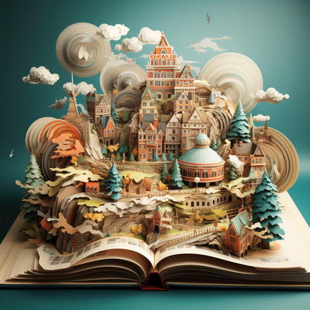 Open book with fairy tale city on top. 3D illustration.の素材