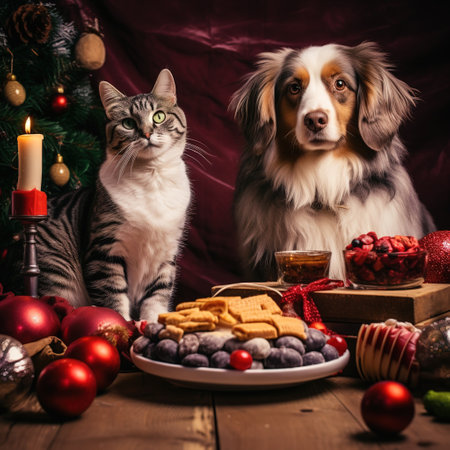 Two cats and a dog near a Christmas tree on a wooden tableの素材
