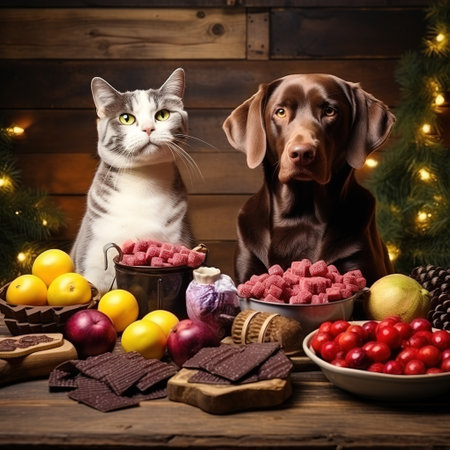 Dog and cat in front of a Christmas table with cookies and fruitsの素材