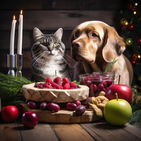 Dog, cat and bowl with berries in front of christmas treeの素材