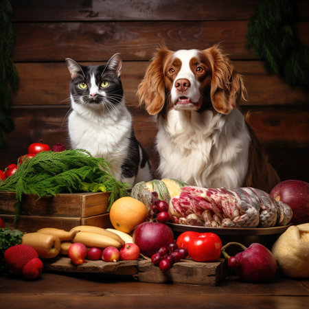 Healthy food and pets on wooden background. Funny dog and cat.の素材