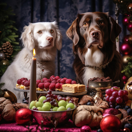 Three dogs in front of a Christmas table with cookies and sweets.の素材