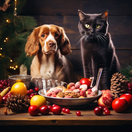 Cat and dog with bowl of dog food on wooden table. Christmas backgroundの素材