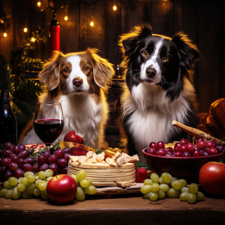 Two dogs border collie and red wine in front of a Christmas backgroundの素材