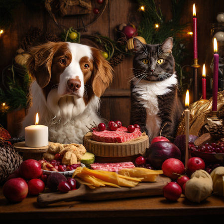 Christmas still life with dog, cat and food on wooden background.の素材