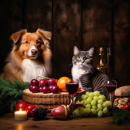 Cat and dog on a wooden table with fruit and wine in glasses.の素材
