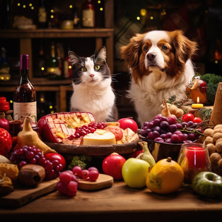 Cute dog and cat sitting near table with food and wine.の素材