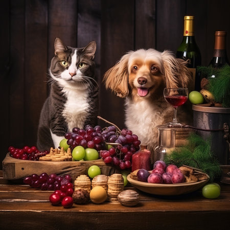 Cute cat and dog on a wooden table with fruits and wineの素材