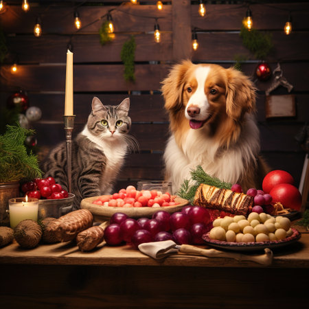 Cute cat and dog sitting next to a table full of food for Christmasの素材