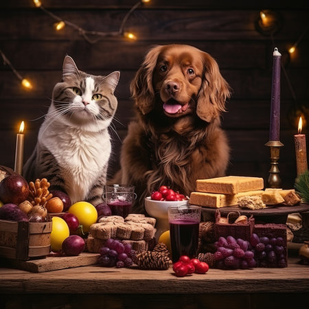 Cat and dog sitting next to a table full of fruit and wineの素材
