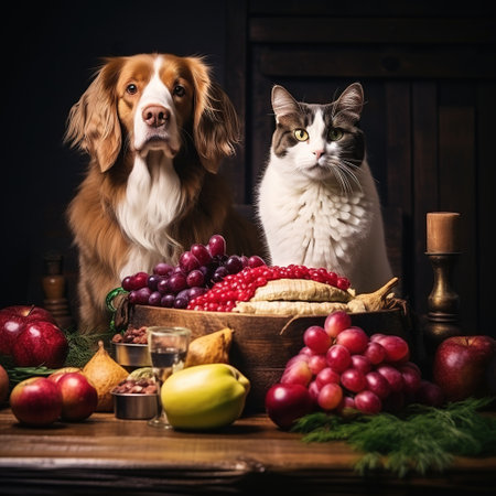 Cute dog and cat with different fruits in a wooden bowl.の素材