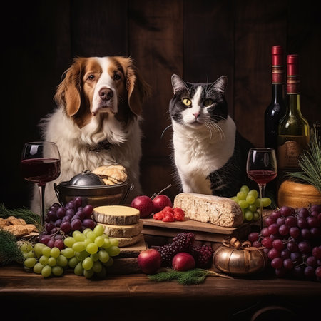 dog, cat, cheese and wine on a dark wooden background.の素材