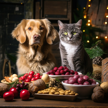 Cute dog and cat sitting near a bowl with raspberries and nuts.の素材