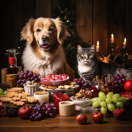 Cat and dog on Christmas table with cookies, fruits and sweets.の素材
