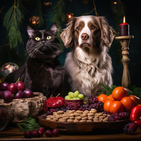 Cute dog and cat sitting next to a plate of food on a wooden tableの素材