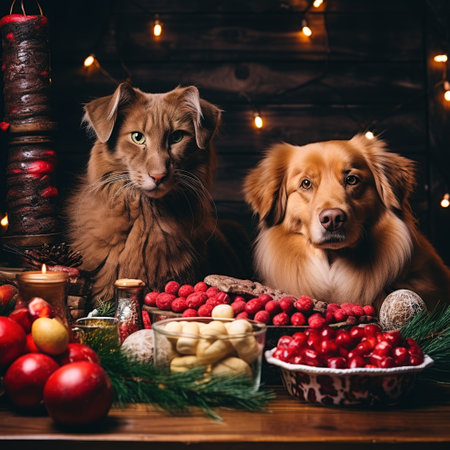 Christmas still life with dog and cat on a wooden background with Christmas decorationsの素材