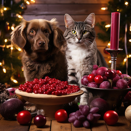Cat and dog with a bowl of cherries near the Christmas treeの素材