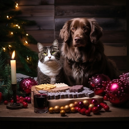 Cat and dog with chocolate candies in front of Christmas tree.の素材