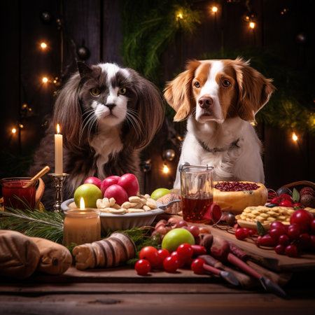 Christmas dinner with dog, cat and cookies on wooden background with lightsの素材