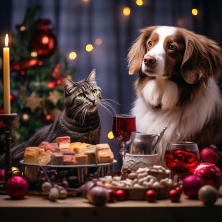 Cat and dog on Christmas table with gingerbread, cookies and wine.の素材