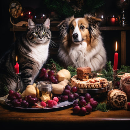 Cat and dog on Christmas table with wine, cookies and fruits.の素材