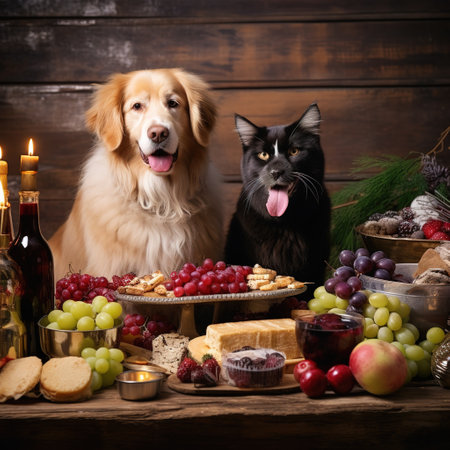 Wine, snacks and dog on a dark wooden background. Rustic style.の素材