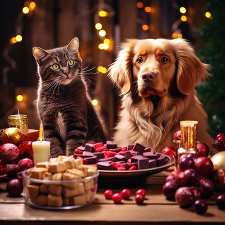 Cat and dog on Christmas table with candies and gingerbread.の素材
