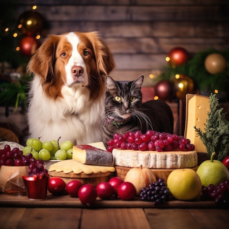 Dog and cat on christmas table with cheese, grapes and fruitsの素材