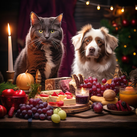 Cat and dog in front of a Christmas table with food and decorationsの素材