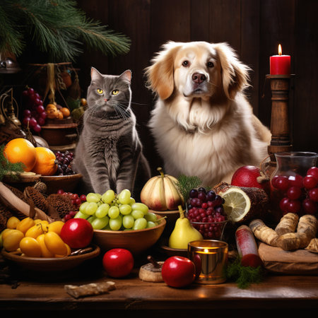 Dog and cat sitting on a wooden table with different fruits and vegetablesの素材