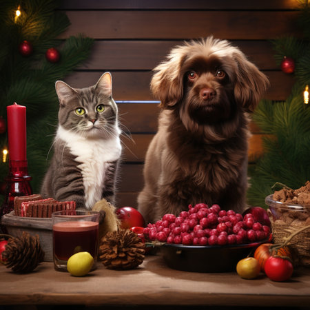 Cat and dog with a bowl of raspberries and apples on a wooden backgroundの素材