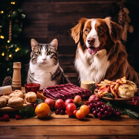 Dog and cat sitting next to a table full of food for Christmasの素材