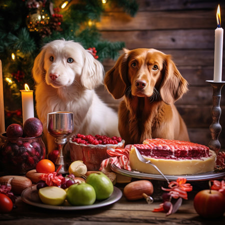 Cute dogs on Christmas table with cake and christmas decorations.の素材