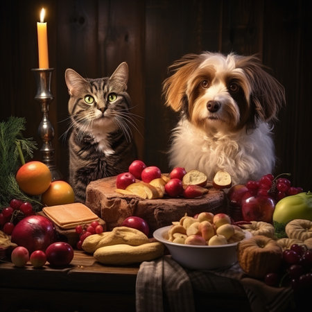 Cat and dog in front of a table full of fruits and vegetablesの素材