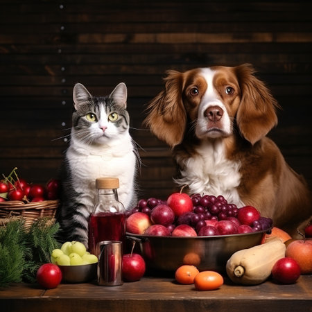 Cat and dog with a bowl of fruits on a wooden background.の素材