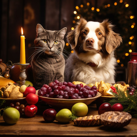 Cute dog and cat sitting at christmas table with festive foodの素材