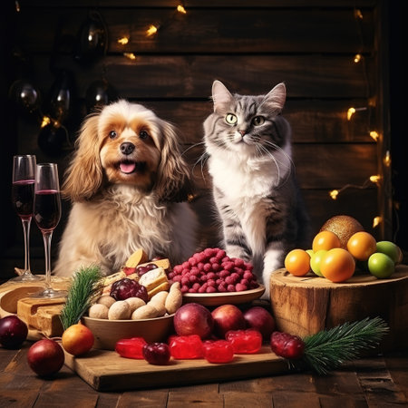 Cute dog and cat eating fruits and berries in the kitchen.の素材