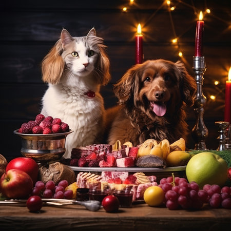 Cute cat, dog and dog on the table with food.の素材
