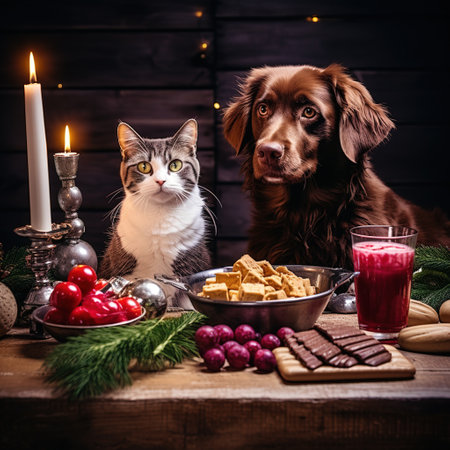 Cute cat and dog on a wooden background with Christmas decorations.の素材