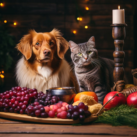 Cat and dog together with a bowl of fruit on a wooden table.の素材