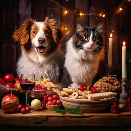 Two dogs and a cat sitting next to a plate with cookies and wineの素材
