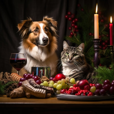 Cat and dog on a table with red wine and christmas decorationsの素材