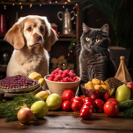 Cat and dog on a wooden table with a bowl of fruits and vegetablesの素材