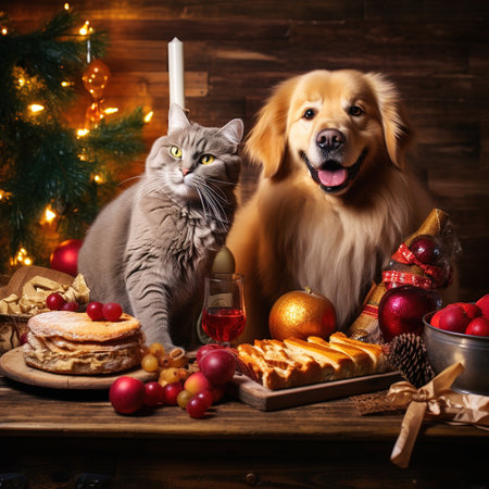Cat and dog celebrating New Year and Christmas. Golden Retriever and cat on wooden background.の素材