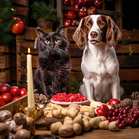 Cat and dog on the background of a wooden box with food.の素材