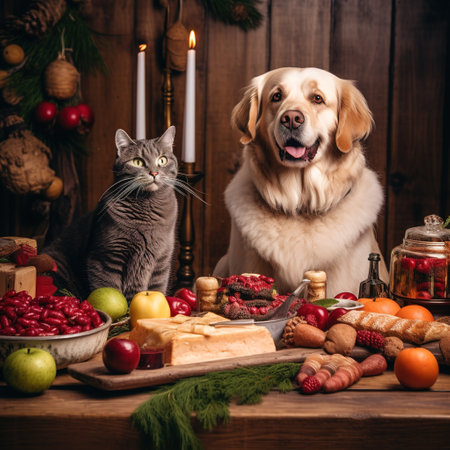 Cat and dog in the kitchen. Festive Christmas table with food.の素材